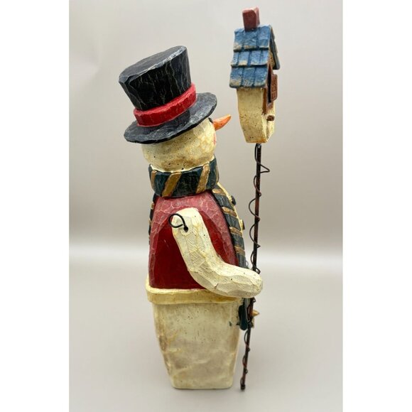 Vintage Rustic Snowman Christmas Figurine with Birdhouse Carved Folk Art Style - Picture 5 of 10